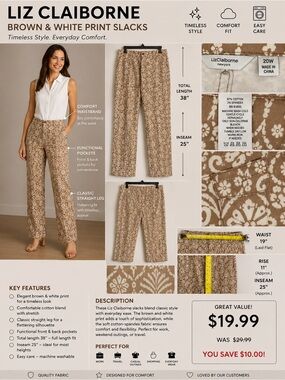 Liz Claiborne Tan and White Damask Chinos